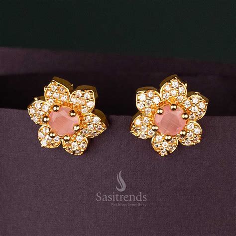 Gold-Plated American Diamond Floral Earrings Party Wear - Sasitrends
