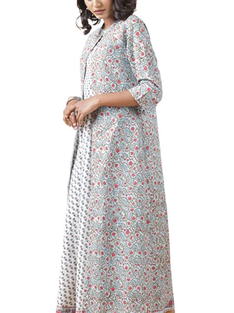 Offwhite Floral Hand Block Printed Dress with Overlay Online – OnlyPaithani