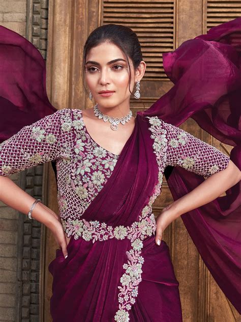 Maroon Party Wear Satin Silk Ready Made Saree - VJV Now - India