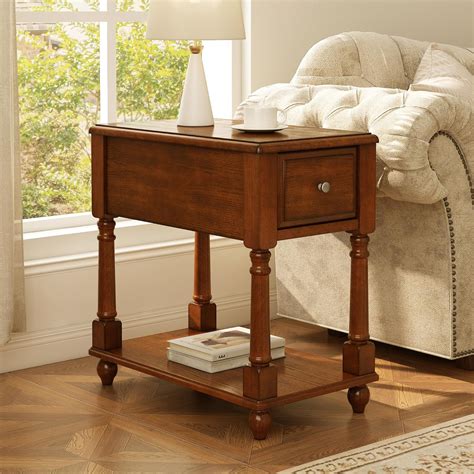 Amazon.com: JESONVID Narrow End Table with Drawer and Shelf, Solid Wood Sofa Side Table 2-Tier ...