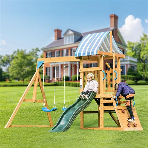Amazon.com: ROBUD Wooden Swing Set, Wood Swing Set with Dual Swings ...