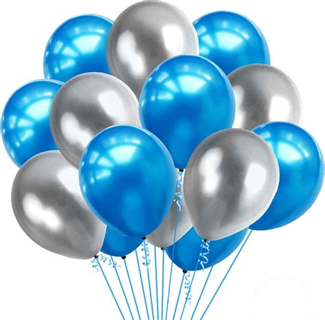 AMFIN® 10 Inch Blue & Silver Metallic Balloons with Matching Ribbon for ...