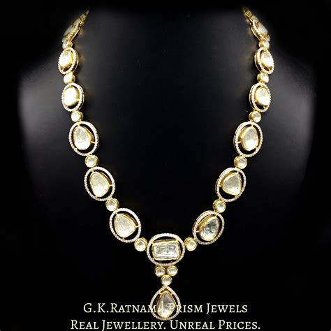 14k Gold and Diamond Polki Fusion Single Line Necklace Set with big un ...