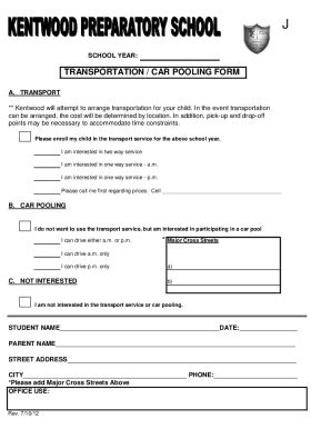 Fillable Online TRANSPORTATION / CAR POOLING FORM - Kentwood ... Fax ...