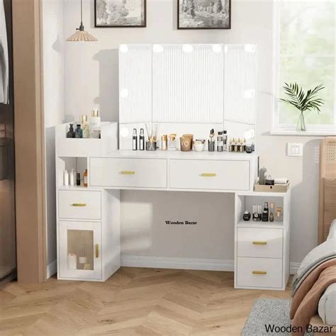 Large Makeup Vanity Dressing Table with LED Bulbs, Tri-fold Mirror and ...