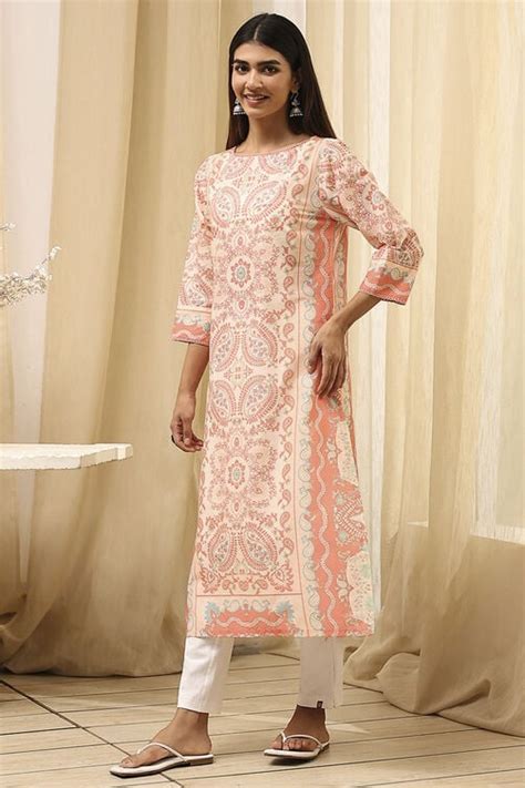 Buy Peach-Colored Cotton Printed Straight Kurta Online at Biba India