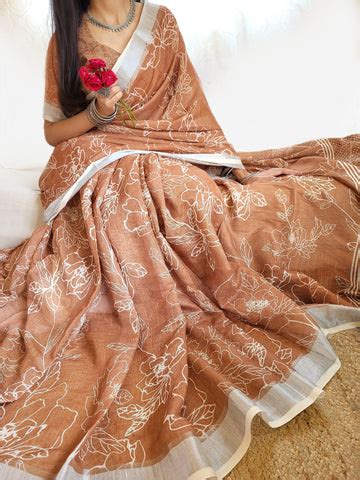 Ethereal Grace: Linen Floral Printed Sarees – Almaari Fashion