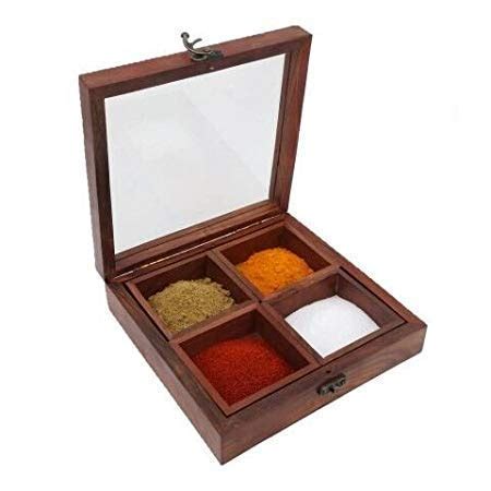 Decorlay Sheesham Handmade Wooden Spice Box with 4 Compartments | Brown ...