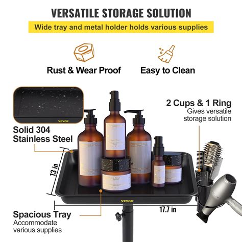 Buy VEVOR Rolling Salon Tray, Height Adjustable, Stainless Steel ...