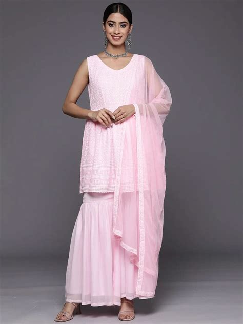 Buy Pink Embroidered Georgette A-Line Sharara Suit Set With Dupatta ...