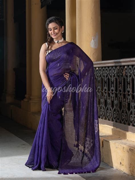 Royal Blue Linen Sequin Work Handwoven Saree – angoshobha