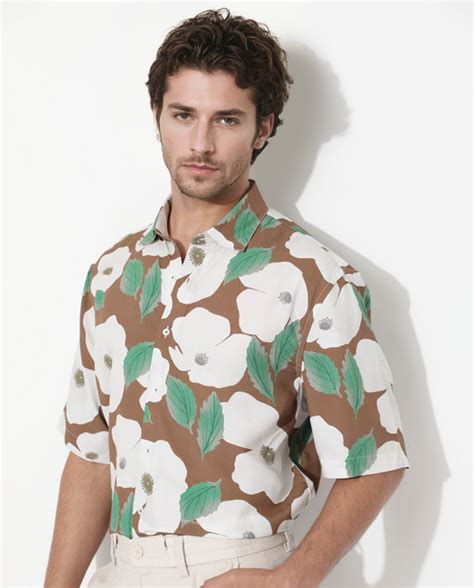 Rare Rabbit Men's Yuki Brown Viscose Floral Print Boxy Fit Half Sleeve