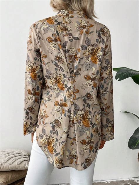 EMERY ROSE Women Floral Print Button Design Long Sleeve Casual Blouse ...