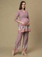 Buy Maternity Cotton Angrakha Kurti with Wide-leg Pants Co-ord Set