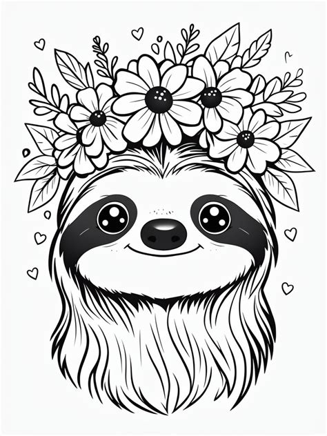 Charming Cartoon Sloth Black and White Coloring Page - Playground