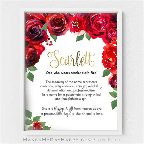 Scarlett Name Meaning,red Watercolor Roses,custom First Name Wall Art ...