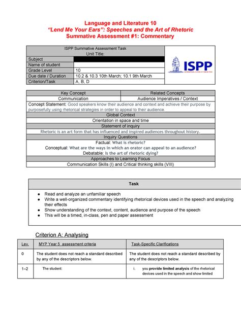 Lend Me Your Ears Summative Task Sheet 1 - Language and Literature 10 ...