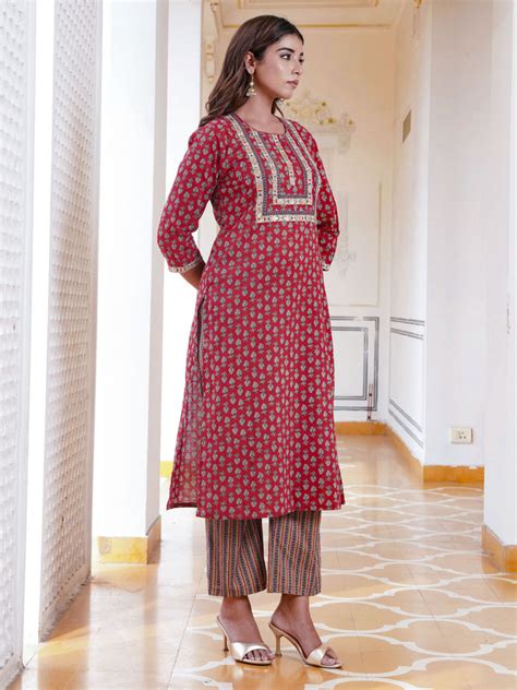 Buy Embroidered Soft Cotton Floral Straight Red Kurta, Trousers ...