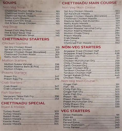 Menu at Anjappar, Bengaluru
