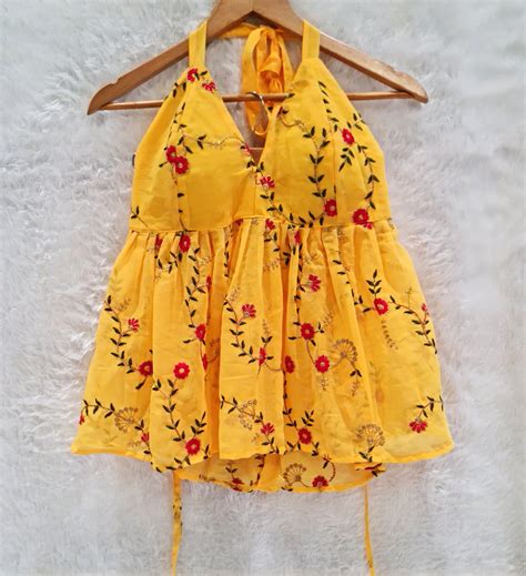 Yellow Embrodiered Halter Neck Chiffon Removable Padded Top – Westoraa