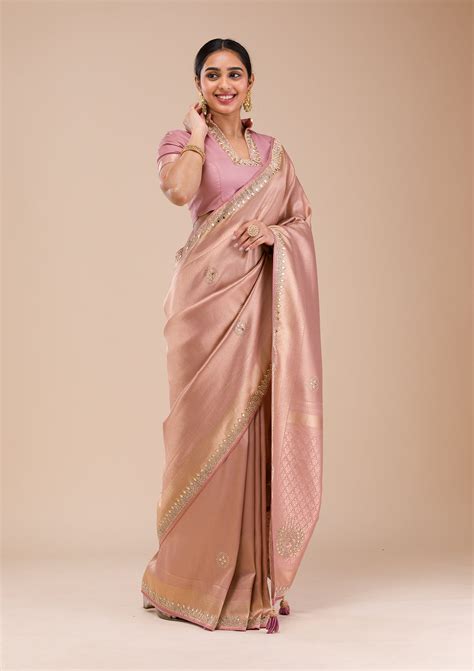 Buy Onion Pink Mirrorwork Silk Saree - Koskii