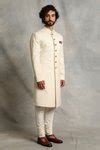 Buy White Cotton Silk, Poly Viscose Mandarin Collar Sherwani Set For ...