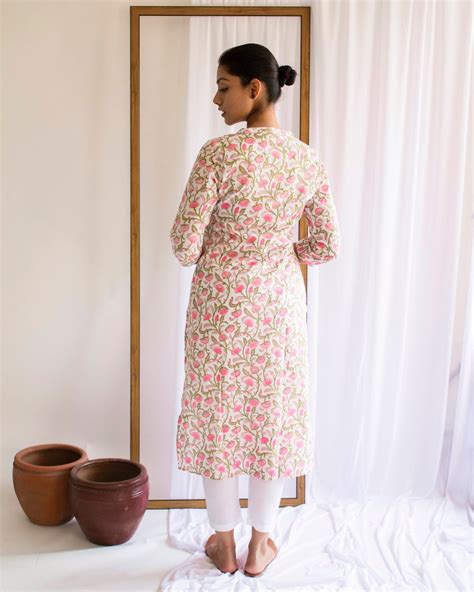 Pink Hand Block Printed Cotton Collar Neck Kurti – Fabsay