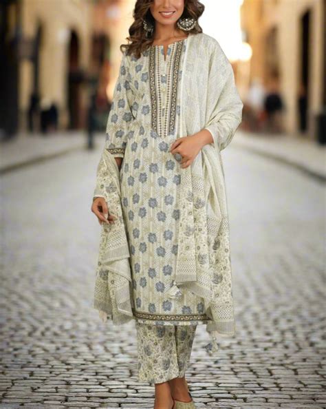 Off White/Grey Floral Kurti With Pant And Dupatta Set .Pure Versatile ...