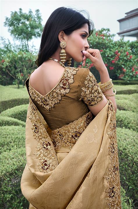 Bronze Pure Tissue Silk Saree with Embroidery, Pearl, and Mirror Work ...
