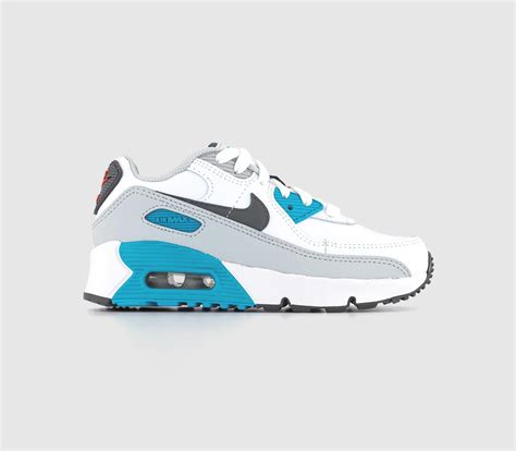 Nike Air Max 90 Kids Trainers White Iron Grey Chlorine Blue Fusion Red ...