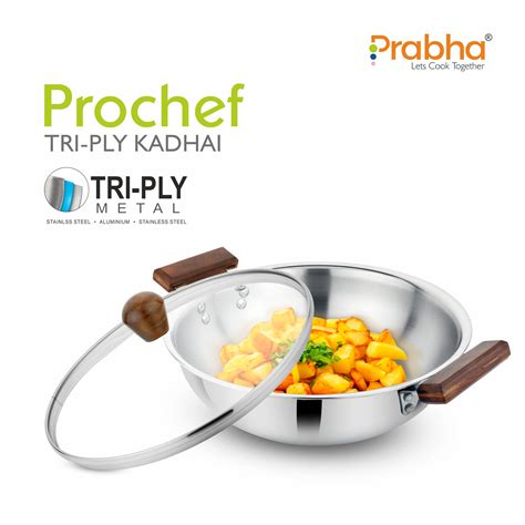 Stainless Steel Tri-Ply Prochef Kadhai with Lid & Wooden Handle ...