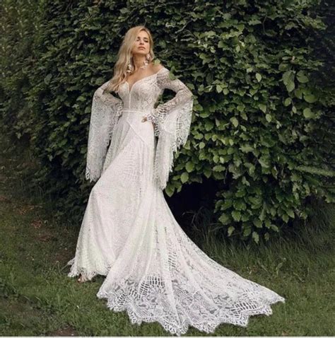 Vintage Boho Wedding Dress Lace Wedding Dress Trumpet Flare - Etsy | Boho wedding dress lace ...