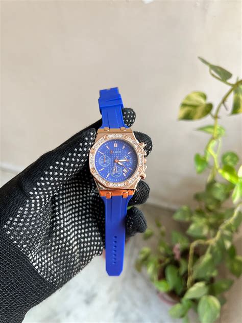 Rose Gold Plated Stone Embedded Blue Silicon Strapes Classsic Watch Fo ...