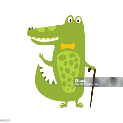 Crocodile With Bow Tie And Cane Flat Cartoon Green向量圖形及更多短吻鱷圖片 - 短吻鱷, 人的嘴, 人類腹部 - iStock