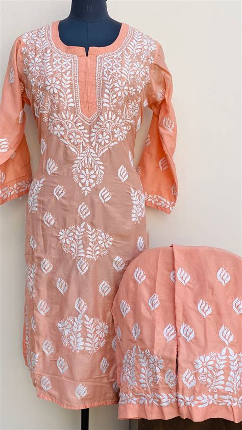 Lucknowi Chikankari Co-ord Set Peach Muslin Cotton – Chikirpolo