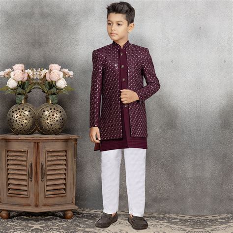 Classic Maroon Kurta Set For Boys With Sequinned Jacket – Suvidha Fashion