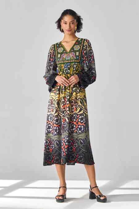 Buy Multi Color Viscose, Crepe Embroidery, Sequins V-neck Floral Print ...