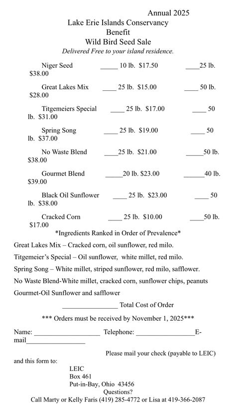2025 Annual Winter Bird Seed Sale - Lake Erie Islands Conservancy