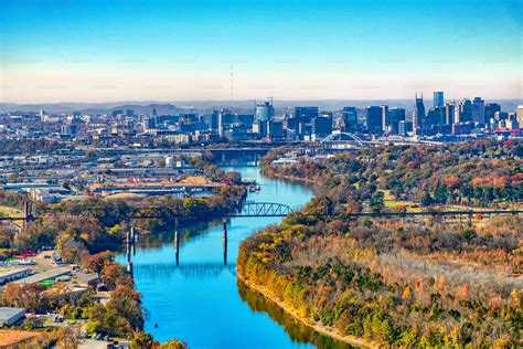 The skyline of beautiful Nashville, Tennessee, in the distance along ...