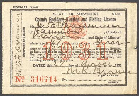 1931 Missouri County Resident Hunting and Fishing License - Version 2 ...