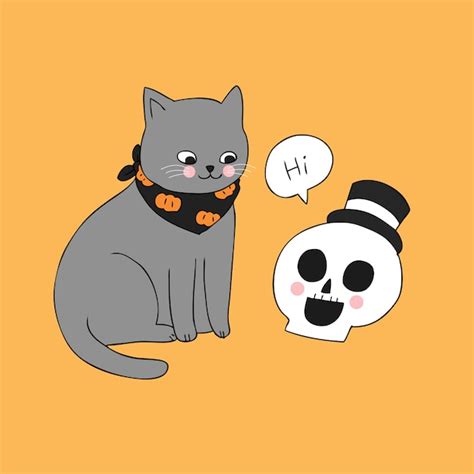 Cartoon schattig Halloween kat en schedel vector. | Premium Vector