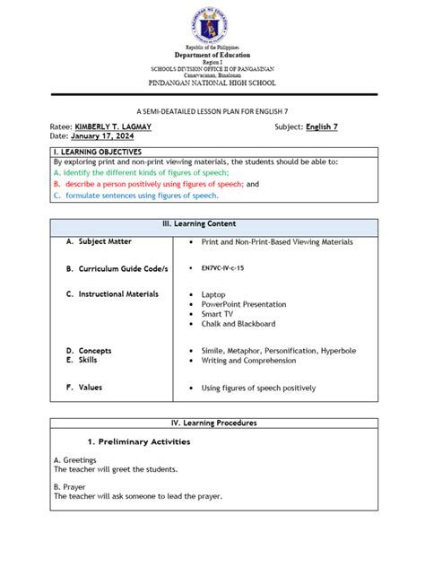 Image result for Lesson Plan for Cot Printable