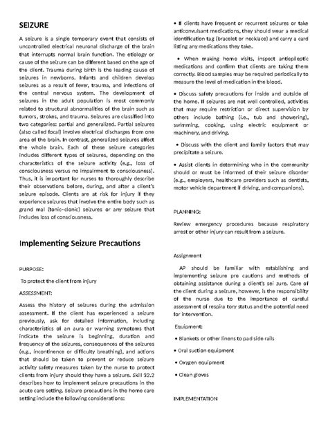 Seizure Management and Precautions: Nursing Guidelines and Protocols ...