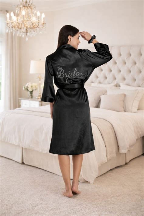 Black Satin Bride Robe with Swaroski Crystal By Private Lives
