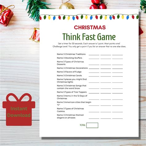 Christmas Think Fast Game Printable, Instant Download Christmas Game ...