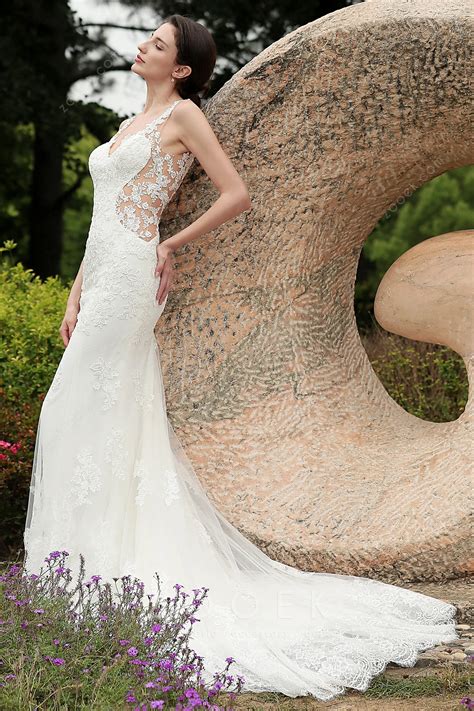 Sexy Illusion Lace Mermaid Destination Bridal Gown - ZOOEK