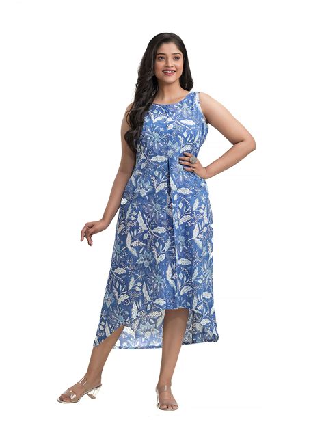Blue Sanganeri Print Fish Cut Dress