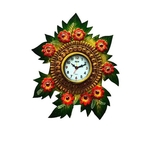 "Papier Mache Floral Wall Clock": Orange Red Craft by E Craft | ArtZolo.com