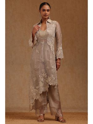 Buy Soch Womens Silver Tissue Embroidered Kurta with Crop Top and Pant ...
