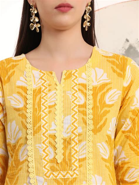 Yellow Pure Cotton Straight Kurta Set With Palazzo And Dupatta – Yufta ...